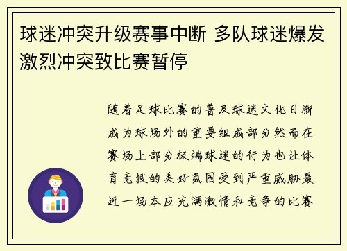 球迷冲突升级赛事中断 多队球迷爆发激烈冲突致比赛暂停